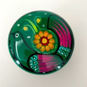 It glows!!! Green/pink 2 pc. Talavera pottery trinket box with bird on lid!